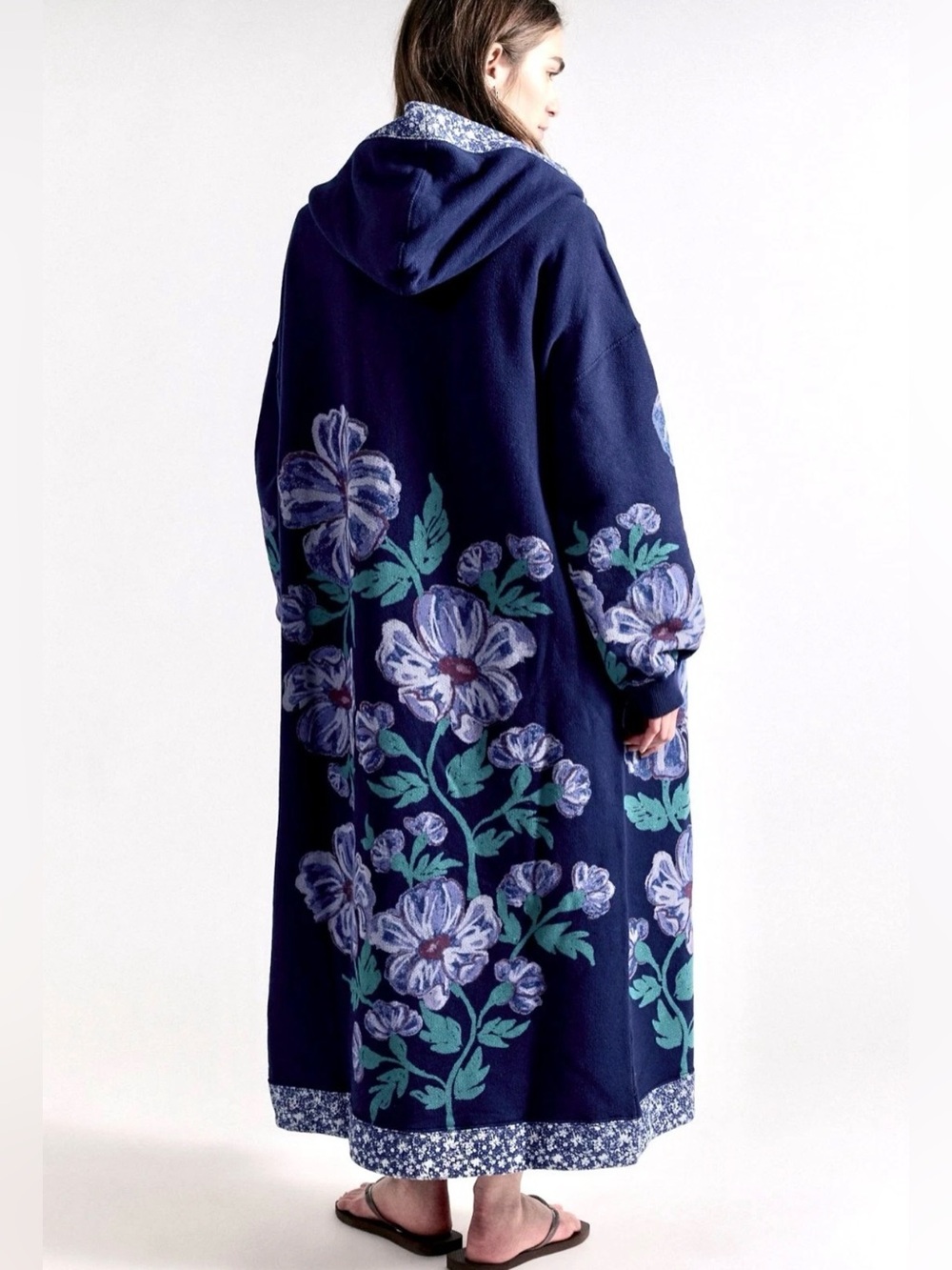 Free People Super Bloom Hood Maxi Sweatshirt Maxi Cardi Coat Blue Flowers